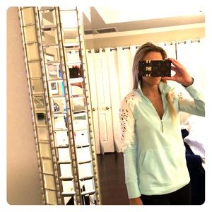 Lilly Pulitzer aqua pullover with lace shoulder